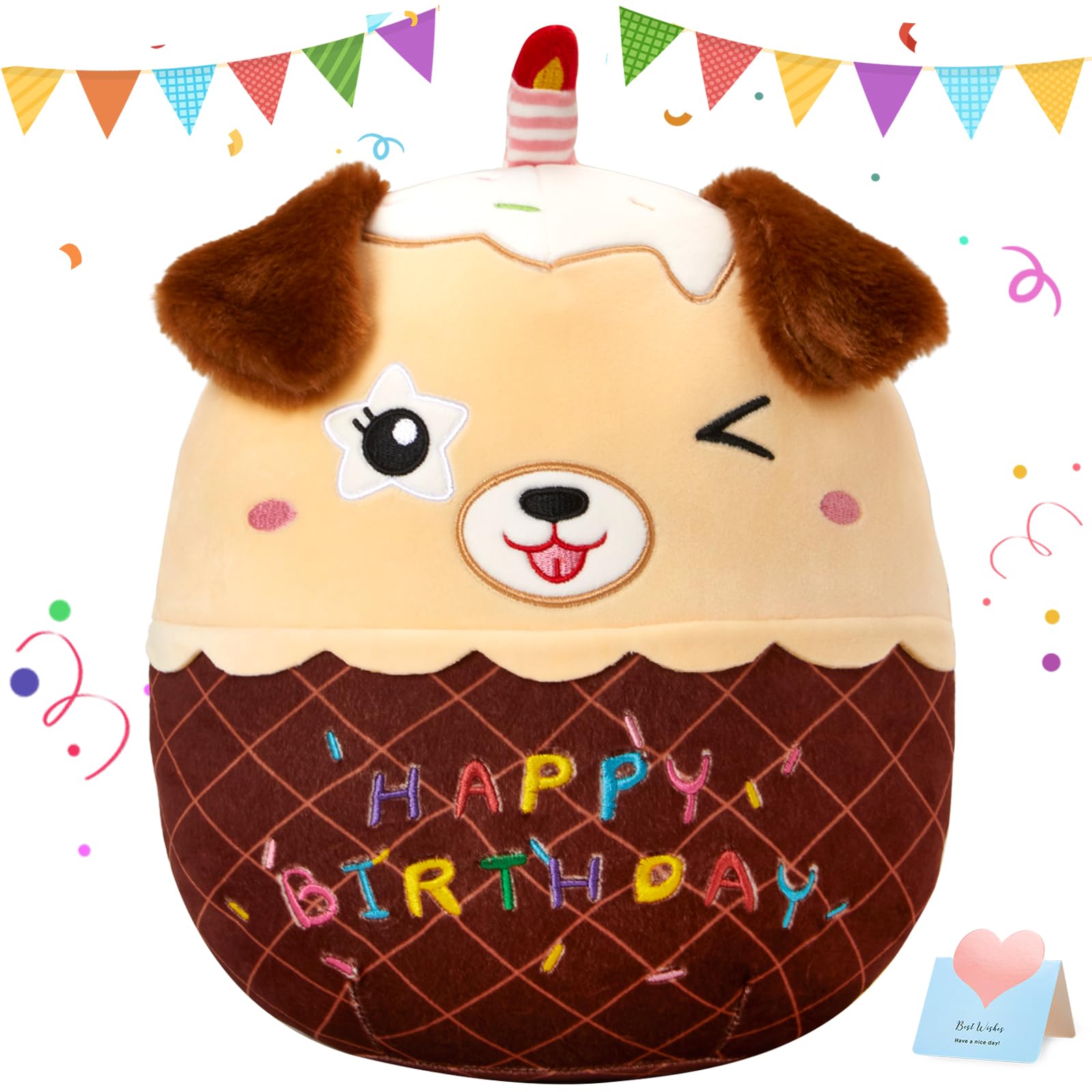 Cozyworld 14' Birthday Cake Dog Plush Puppy Stuffed Animals Original Wink Dog Plushie Cuddle Pillows Happy Birthday Gift For Ki
